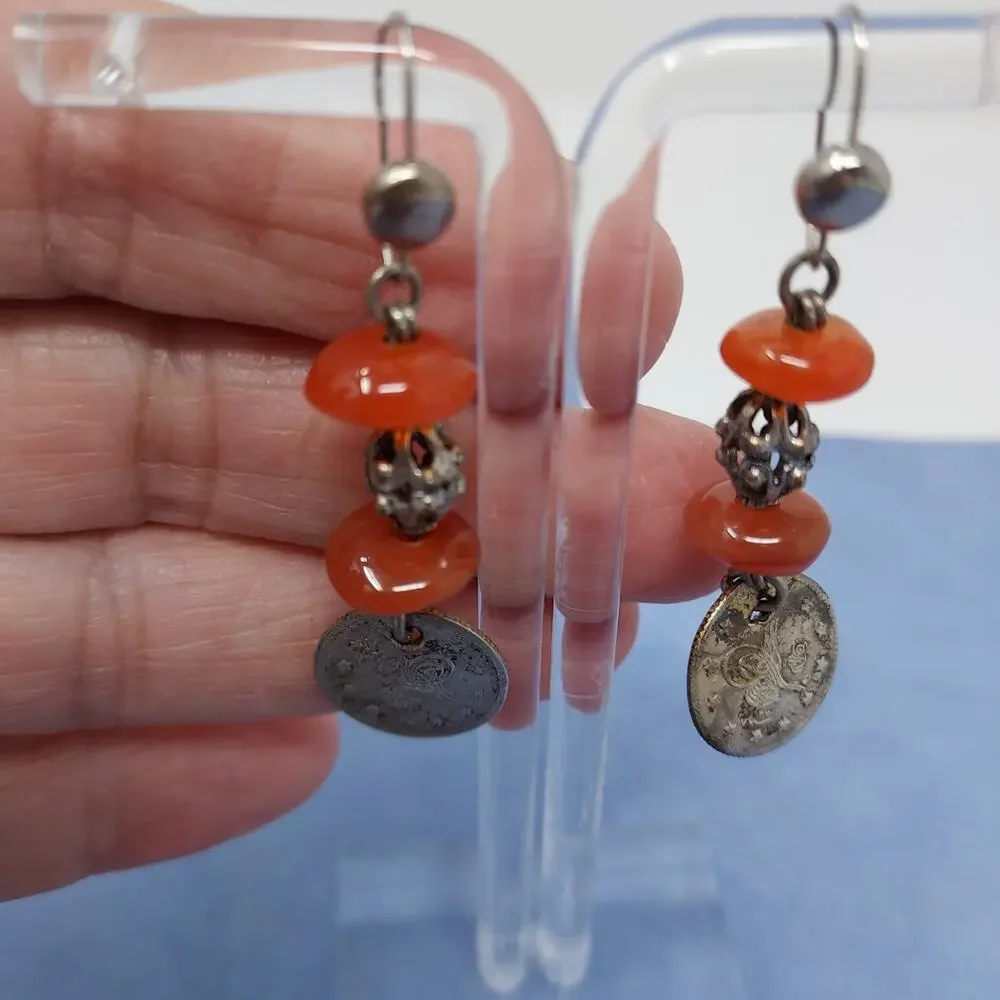 Vintage Silver Antique Coin Carnelian Earrings 2 Kurus 1876-1908 Constantinople